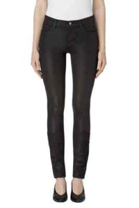 J BRAND Women 28 Mid Rise Super Skinny Black Coated Lace Hem Ankle Jeans Stretch - Picture 1 of 5
