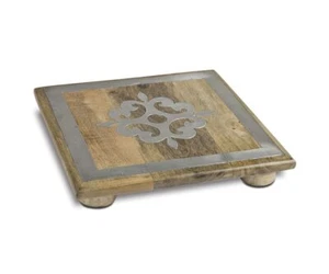 10-Inch Square Metal Inlaid-Detail Footed Wood Trivet High Quality Mango Wood - Picture 1 of 2
