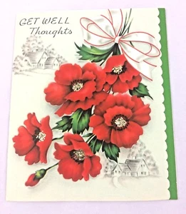 Vintage 50er Grußkarte Gatto New York Get Well Thoughts rot Blumen Glitzer - Bild 1 von 5