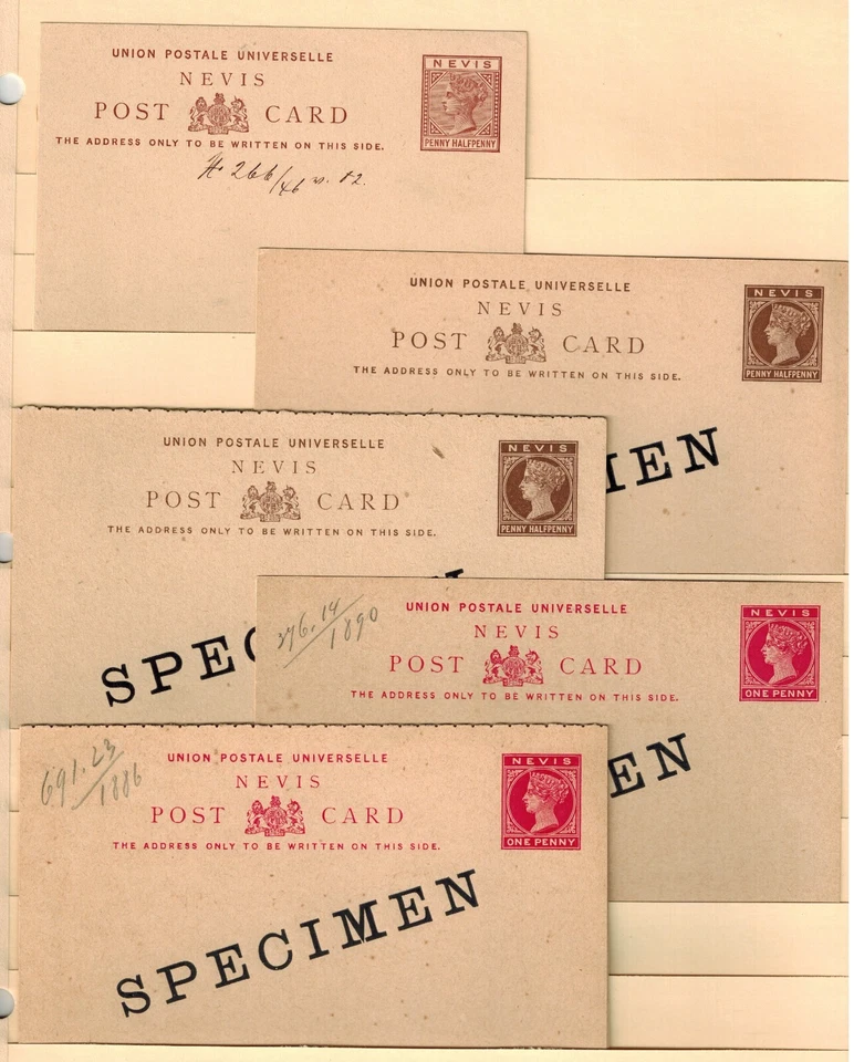 St. Kitts & Nevis 1880-90 QV 5 Postcards Archival Proofs w/SPECIMEN OVPTs Mint - Image 1 of 1