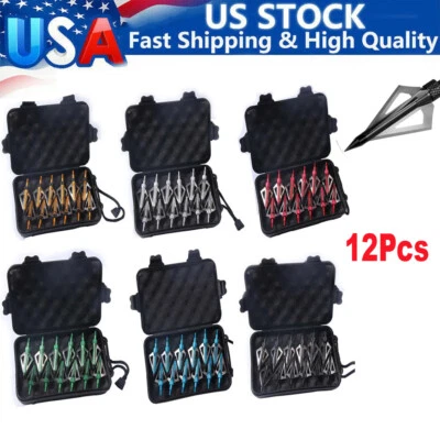 Paquete de 12 cabezas anchas de caza de tiro con arco de 3 hojas fijas de 100 granos con estuche con cabeza de flecha Foto 1 de 4