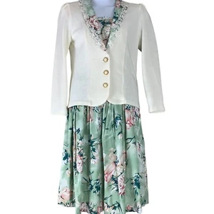 Vintage Skirt Sweater Set Size 12 Green Pink Floral Print Matthew & David - Picture 1 of 10
