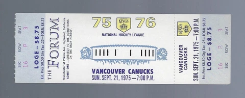 VINTAGE 1975-76 NHL VANCOUVER CANUCKS @ LOS ANGELES KINGS FULL HOCKEY TICKET Cover