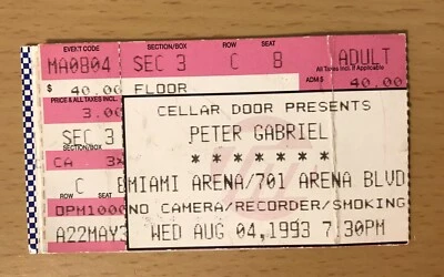 1993 PETER GABRIEL SECRET WORLD TOUR MIAMI CONCERT TICKET STUB GENESIS - Image 1 of 2
