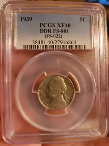 1939 Jefferson Nickel Pcgs XF-40 DDR FS-801 - Picture 1 of 3