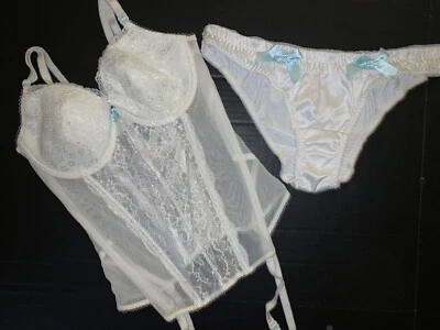 Victoria's Secret 34C,36D GARTER CORSET SLIP L panty white lace blue BRIDAL I DO - Image 1 of 4
