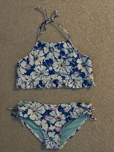 Girls Raisins Swim Size 16 Two Piece Halter Top Bikini Floral Print Swimsuit EUC