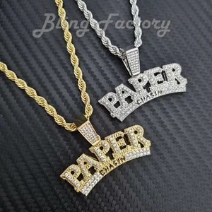 Colgante de papel de persecución enchapado en oro helado Hip Hop y collar ostentoso cadena de cuerda de 24 - Imagen 1 de 6