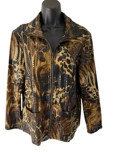 Ruby Rd Jacket Women 8 Animal Print Front Zip Collared V Neck Shiney Pockets - Picture 1 of 11