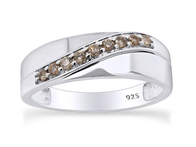 Anillo de banda redondo de diamantes naturales marrón de 0,25 quilates enchapado en oro blanco de 14 K para hombre Foto 1 de 4