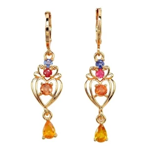 GENUINE AAA MULTI COLOR SAPPHIRE PEAR & ROUND BRASS YELLOW GOLD DANGLE EARRING - Picture 1 of 6