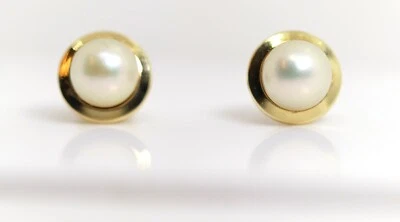 585 - 14kt 黄金耳钉优雅贵族带圆形珠饰:Ø 0 3/8 英寸 — 第 1/4 张图片