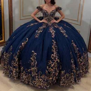 Abito da ballo blu navy Quinceanera abito spalle scoperte oro applique dolce 16 - Foto 1 di 8