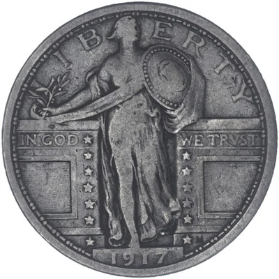 Cuarto de cuarto Standing Liberty 1917 (P) tipo 1 90 % plata muy fino en estado bastante bueno ver fotos I047 Foto 1 de 3