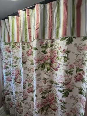 CORTINA DE DUCHA de tela peonía Waverly Forever vintage con acento de cuerda a rayas florales Foto 1 de 4