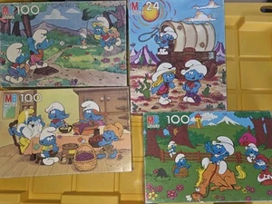 VINTAGE 1980s SMURFS JIGSAW PUZZLES LOT OF 4, 100 Pieces Each Milton Bradley - Picture 1 of 5