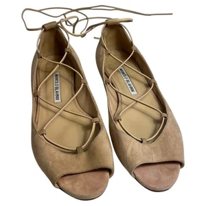 Manolo Blahnik Lace Up Espadrille Flats Peep Toe Suede Nude Size 6 / 36.5 Italy - Picture 1 of 7