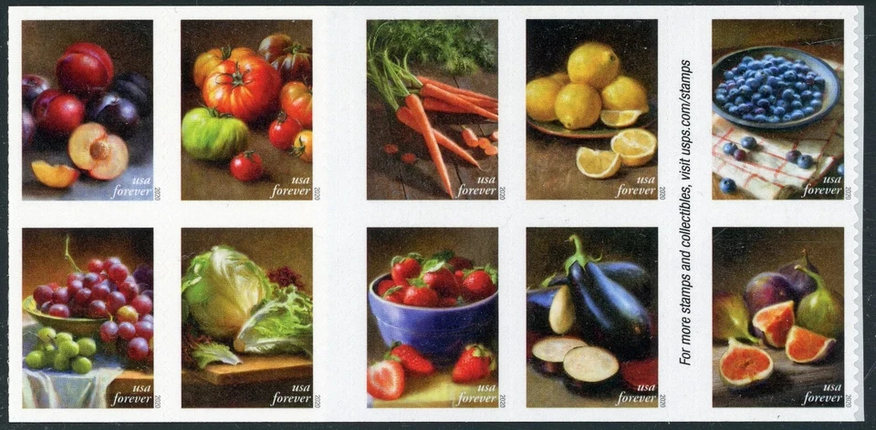 2020 US Stamps -  Scott #5484-5493 - Fruits and Vegetables Forever Stamps - MNH - Image 1 of 1