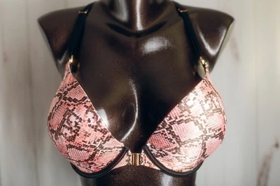 Sujetador acolchado Victoria's Secret 34DD muy sexy push-up cierre frontal piel de serpiente rosa Foto 1 de 4