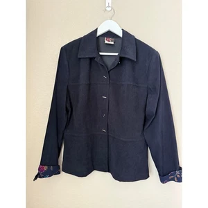 Vintage R&K Originals Button-Down Top Gr. 12 Wildleder Blumen Manschette Marineblau - Bild 1 von 6