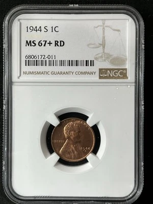 1944-S 1C RD Lincoln Wheat One Cent  NGC MS67+RD  6806172-011 - Image 1 of 2