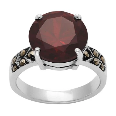 Silverly Anello Argento 925 Solitario Zircone Rosso Rotondo Marcasite - Immagine 1 di 4