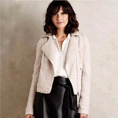 Anthropologie Elevenses Boucle Moto Jacket Textured Ivory Cream Size Medium - Image 1 of 4