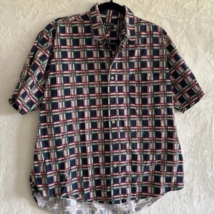 Vintage TRADER BAY Shirt Large Blue 90s Short Sleeve Y2K Modernist Plaid Cotton - Picture 1 of 7
