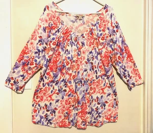 Blusa boho Lucky Brand para mujer 2X Plus mezcla de lino floral rosa púrpura manga 3/4 - Imagen 1 de 5
