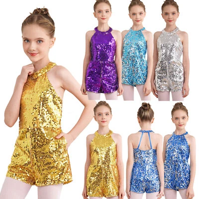 EE. UU.~ Niñas Halter Cuello Lentejuelas Vestidos Mameluco Mono Formal Baile Baile Baile de graduación Disfraz  Foto 1 de 4