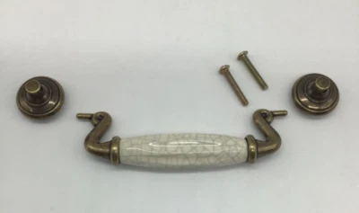 Antique Brass Hardware With Beige Ceramic Crazing Drop Bail Drawer Pull  New - Image 1 of 4