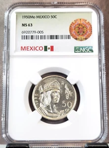 1950 MEXICO SILVER 50 CENTAVOS CHIEF CUAUHTEMOC NGC MS 63 GREAT COIN - Picture 1 of 3
