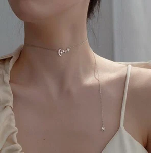 Moon Stars Tassel Cubic Zirconia Silver White Gold GP Pendant Choker Necklace - Picture 1 of 2
