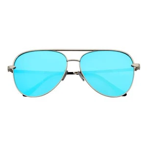 KEY - Oversize Large Flat Lens Metal Aviator Sunglasses Silver Ice Blue Mirror - Picture 1 of 10