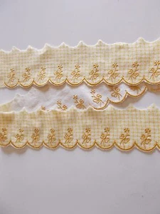 Cotton Flannel Lace Trim Yellow Gingham Embroidered Gold Flowers By The Yard - Picture 1 of 2