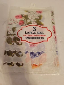 Fine Cotton Swiss Scalloped Handkerchiefs 3 Pack Lg. Berkshire Fashions Floral - Picture 1 of 3