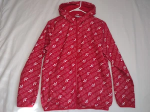 ADIDAS Hooded Windbreaker Jacket All Over Print Logo Red Youth Large\Adult Small - Picture 1 of 12