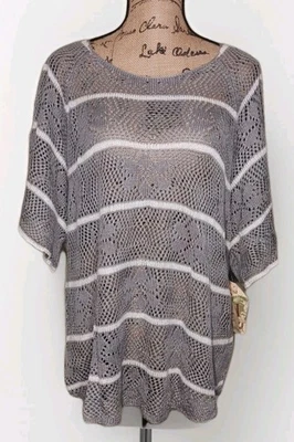 NUEVO CON ETIQUETAS - One World - Túnica de punto abierto a rayas grises y blancas - Para mujer talla 1X Foto 1 de 4