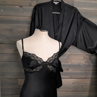 Victorias Secret Robe & Nightie Small Black Liquid Satin Babydoll Fairy Coquette - Image 1 of 4
