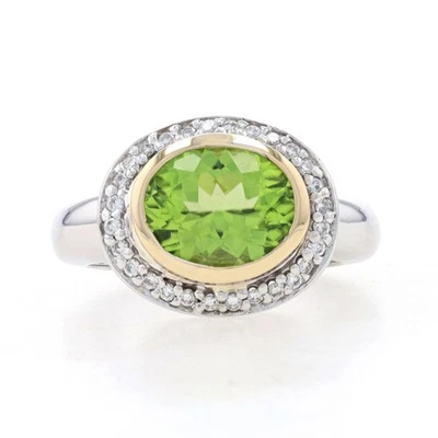 White Gold Peridot & Diamond Halo Ring - 14k Oval 3.10ctw East-West - Image 1 of 4