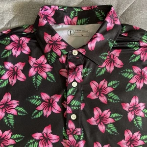 U Suck At Golf Performance Polo Shirt Mens Large Black Pink Floral Print USAG - Picture 1 of 9
