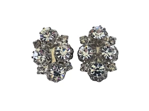 Vintage Austria Signed Clear Sparkling Rhinestone Cluster Clip Earrings - Picture 1 of 8