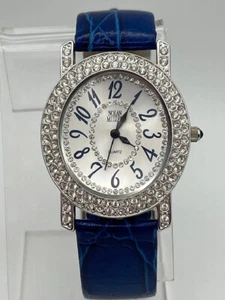 Ladies Watch, Nolan Miller, rhinestone and blue leather, vintage 1 owner, works - Picture 1 of 8