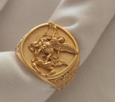 Saint Archangel Michael Christian Silver Men Ring, St Michael Square Signet Ring - Image 1 of 4