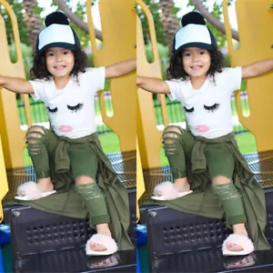 Baby Girl Cute Outfits Tops+ Hole Pants Kids Toddler Summer T-Shirt Set 2Pcs - Picture 1 of 12