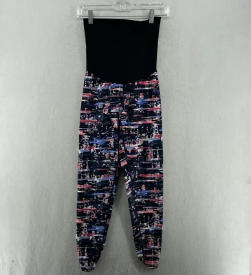 Motherhood Maternity Pants Womens Sz S  Black Purple Retro Print Stretch Pull On - Image 1 of 4