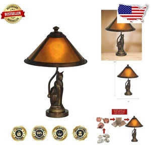 Classic Tiffany Ginger Mica Table Lamp - Antique Bronze Cat Decor, 17" Height - Picture 1 of 6