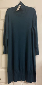 NUEVO CON ETIQUETAS $328 Vestido Eileen Fisher Azul Abeto Lana Merino Cuello Tortuga Grande - Imagen 1 de 7