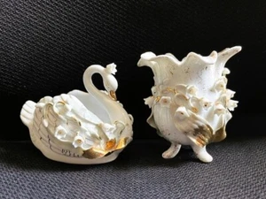 Lefton China Hand painted Swan Dish 4"x3.5" and Vase 3.5"x3" White & Gold Leaf - Picture 1 of 15
