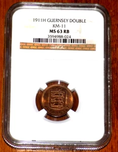 1911-H Guernsey Bronze 1 Double Coin NGC MS63 RB Red Brown KM# 11 CERTIFIED COIN - Picture 1 of 4